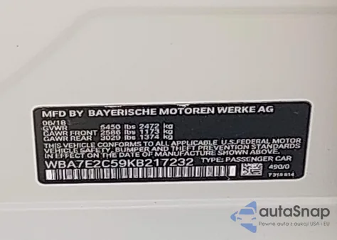 2019 BMW 740I z USA, uszkodzony, nr VIN WBA7E2C59KB217232